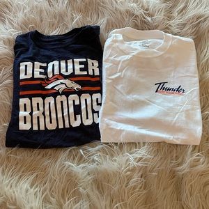 Denver Bronco tshirts. Blue one, worn 1x, white one never worn, size L.
